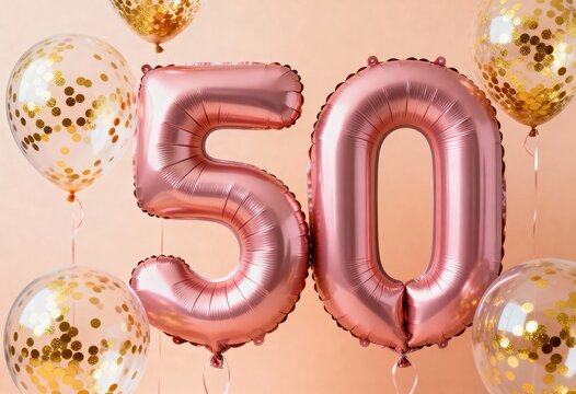 Pink and gold 50th birthday balloons with confetti accents - Powered by Adobe