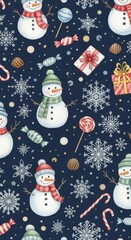Enchanting winter watercolor scene with happy snowmen and cheerful festive holiday elements