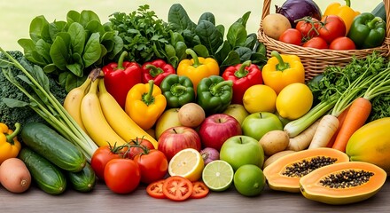 Abundant harvest of nutritious fruits and vegetables showcased on wood, emphasizing freshness and variety