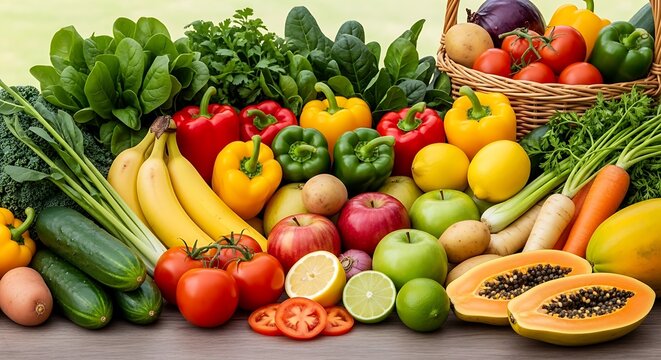 Abundant harvest of nutritious fruits and vegetables showcased on wood, emphasizing freshness and variety