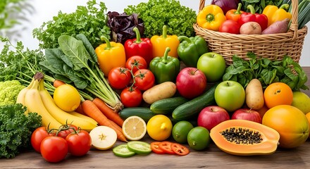 Abundant harvest of nutritious fruits and vegetables showcased on wood, emphasizing freshness and variety