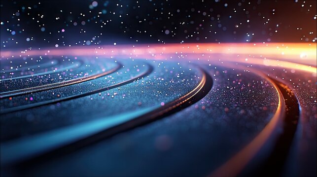 An abstract, futuristic visualization of swirling orbital paths with glowing particles scattered across a dark, cosmic background, illuminated by a vibrant nebu