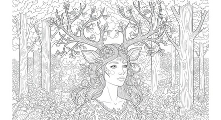 Enchanting woodland maiden with deer features, adorned in floral accents within a forest setting