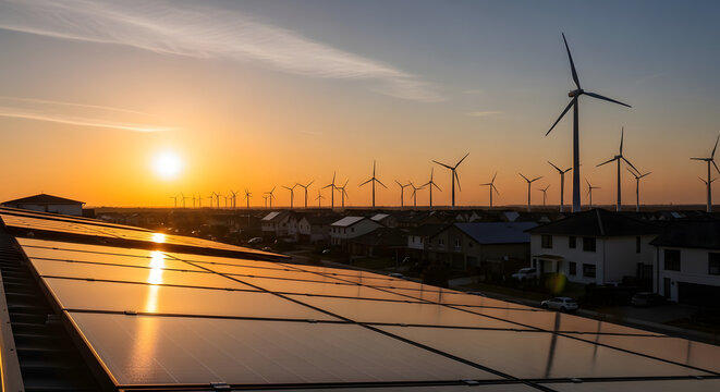 Renewable energy sources powering the planet with solar panels and wind turbines at sunset, clean energy future