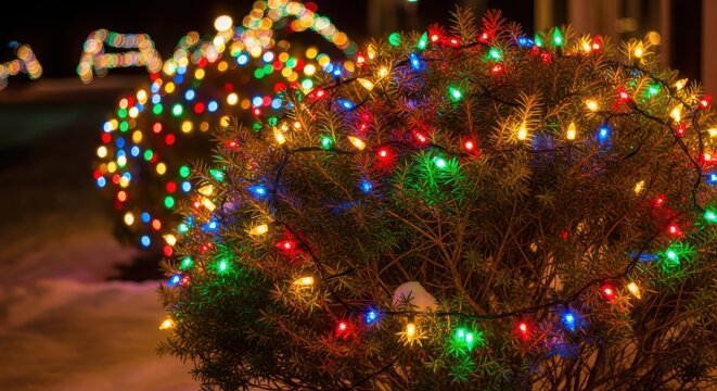Colorful christmas lights illuminating outdoor bushes at night
