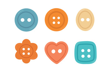 Colorful button set in soft flat style featuring various shapes and warm decorative sewing elements.