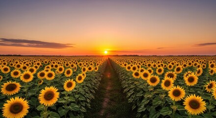 Endless field of sunflowers at glorious sunset casting warm light across the horizon
