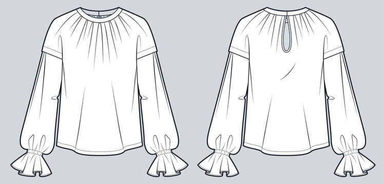 Boho long sleeve Blouse with ruffle cuffs and keyhole back fashion flat sketch. Gathered Blouse fashion flat technical drawing template, front and back view, white, women CAD mockup.
