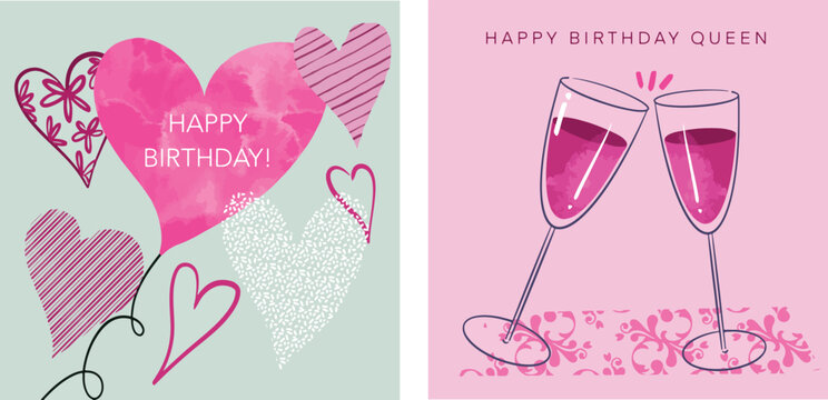 Happy Birthday cards for her. Hand drawn illustrated greeting cards