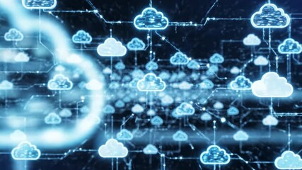 Cloud computing network digital data storage with glowing cloud icons connected by lines in futuristic blue technology background symbolizing internet communication and advanced technology concepts - Powered by Adobe