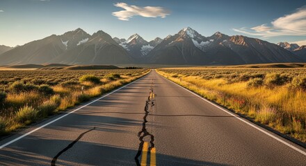 Endless road receding into the distance towards majestic snowcapped mountains underneath expansive