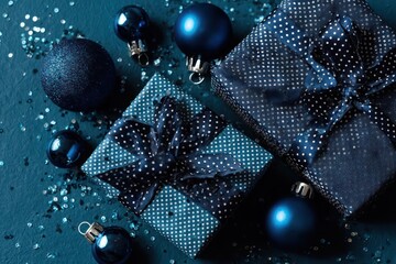 Elegant dark blue christmas gift boxes with shimmering ribbon and festive ornaments on a textured background
