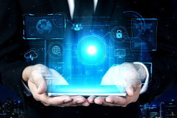 A futuristic command center interface for managing a global technology platform. The dashboard includes data security, network administration, and biometric user authentication. Fermion