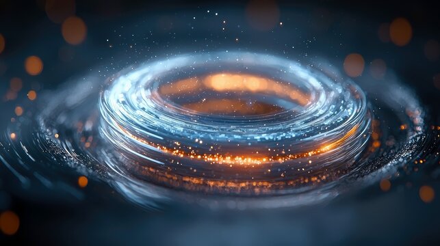 An abstract, swirling vortex of blue and orange light particles against a dark background. The vortex appears to be in motion, with glowing particles and bokeh - Powered by Adobe