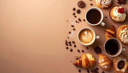 Obraz premium coffee cups and sweet desserts on a pastel brown background