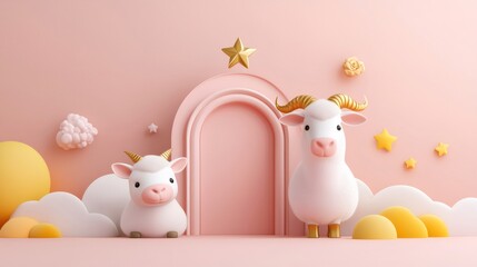 Two cute sheep for Eid Al Adha celebration background featuring golden stars on pink pastel color