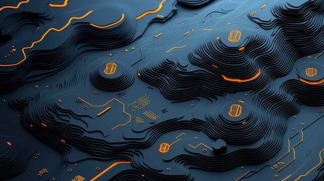 A dark, textured abstract landscape resembling topographic contours with glowing orange lines and circular nodes, suggesting a futuristic digital or circuit boa - Powered by Adobe