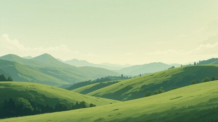 An alpine foothill landscape illustration background with low green mounds and a crisp pale sky