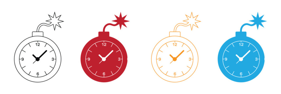 Deadline concept, clock time with bomb. Vector outline icon template