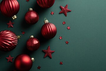 Festive arrangement of shiny red ribbed christmas ornaments and star shaped confetti scattered on a dark green background