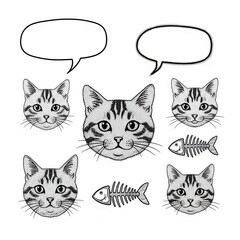 Engraved feline illustration: Comic style cat heads with speech bubbles and fish bones