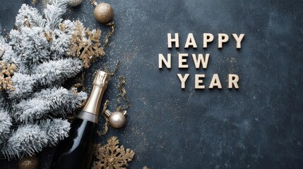 Festive happy new year greeting with champagne bottle and frosted christmas tree branches on dark background