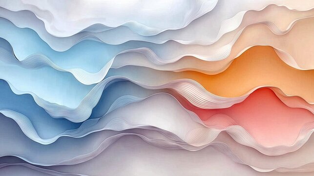 An abstract background featuring layered, flowing waves in soft pastel hues of blue, orange, and pink, with delicate linear textures and a gentle, diffused ligh