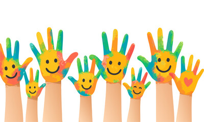 Colorful kids painted hands rainbow banner vector illustration, easily editable. 