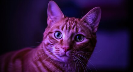 Enigmatic gaze of a tabby cat bathed in neon light radiates with a captivating mystery
