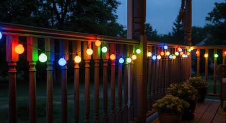 Colorful string lights illuminating a wooden porch railing at dusk