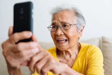 Elderly Asian Woman Shocked While Using Smartphone - Close Up Portrait