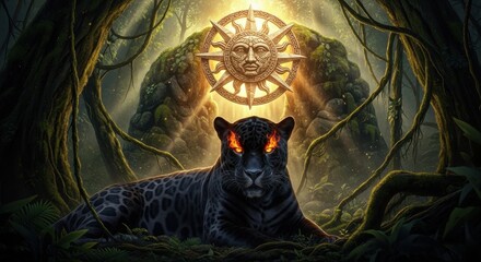 Enigmatic guardian: A black jaguar's mystical forest vigil beneath a celestial sun