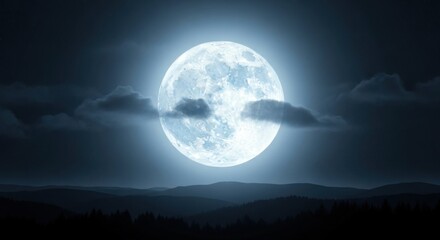 Enigmatic lunar display shining over the dark hills landscape beneath ethereal clouds