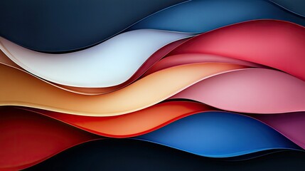 Abstract background with multiple layers of curved, wavy paper in a gradient of colors from dark blue to red and pink, illuminated with soft light.