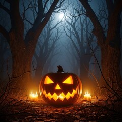 Enigmatic halloween night scene illuminating jack-o'-lantern amidst a somber wooded landscape