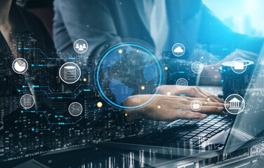 A global business network and digital infrastructure concept. A worldwide connection of services including data, finance, and secure communication. Motif