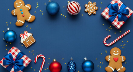 Festive christmas decorations with gifts and gingerbread cookies