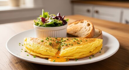 Elegant breakfast presentation featuring a delectable omelet with fresh sides at home