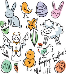 Happy Easter doodles. Hand drawn easter holiday themed clipart. 