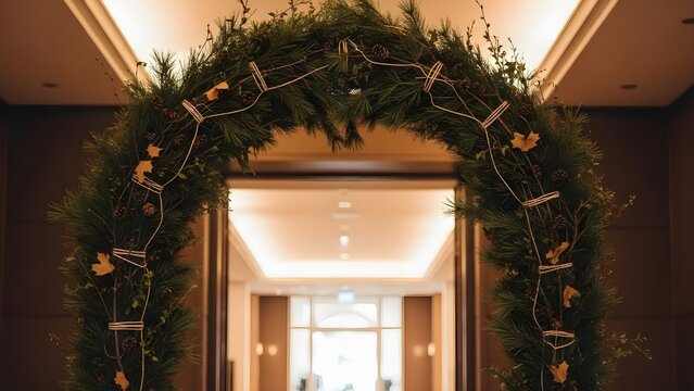 Festive evergreen archway with pinecones and autumn leaves, welcoming winter holiday season decor.
 - Powered by Adobe