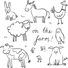 Cute farmyard animal doodles set. Hand drawn set of illustrations