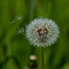 Fototapeta premium Dandelion seeds blowing in the wind against a blurred green background image