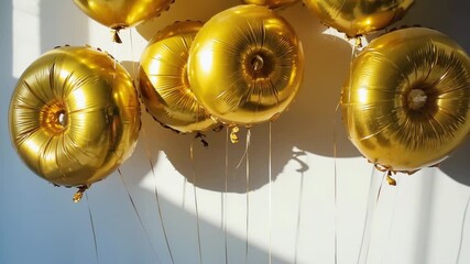 Shiny golden balloons floating against a white wall in the sunlight - Powered by Adobe