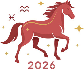 Red horse illustration with 2026 below stars and zodiac symbols around it Chinese new year