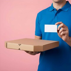 Delivery worker in blue polo holding pizza box and blank business card, on-demand food service