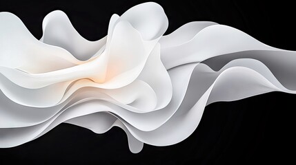 An abstract composition of flowing white fabric or paper layers against a dark background, illuminated by soft, warm light.