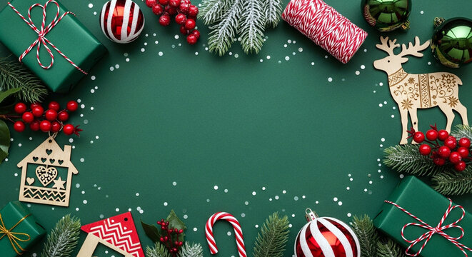 Green christmas background with gifts and decorative elements