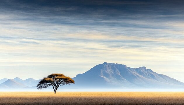 A lone acacia tree stands in a golden savannah, with rolling hills and a large mountain range in the background under a hazy, cloudy sky. - Powered by Adobe