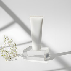 White cosmetic tube on acrylic pedestal with soft shadows and dried flowers, skincare product styling