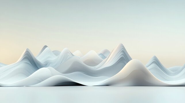 An abstract landscape featuring flowing, wave-like white mountains against a soft pastel sky. The scene has a clean, minimalist aesthetic with gentle lighting.